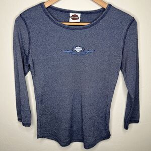 VTG HARLEY DAVIDSON Women's Large WING OVAL Blue 3/4 Sleeve Top Branford CT
